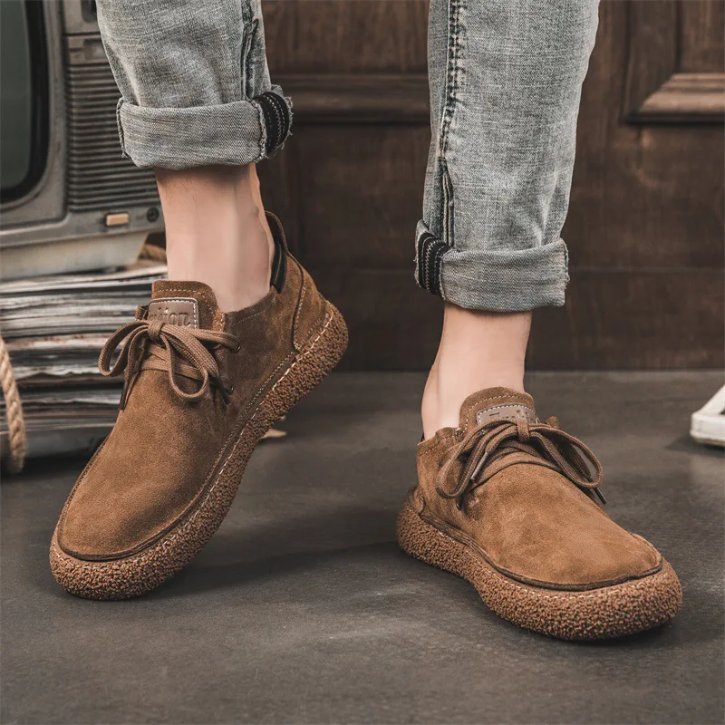 

Breathable Men Casual Leather Shoes Fashion Loafers Japanese Luxury Sneakers Lace Up Cow Suede FlatAutumn Walking Shoes