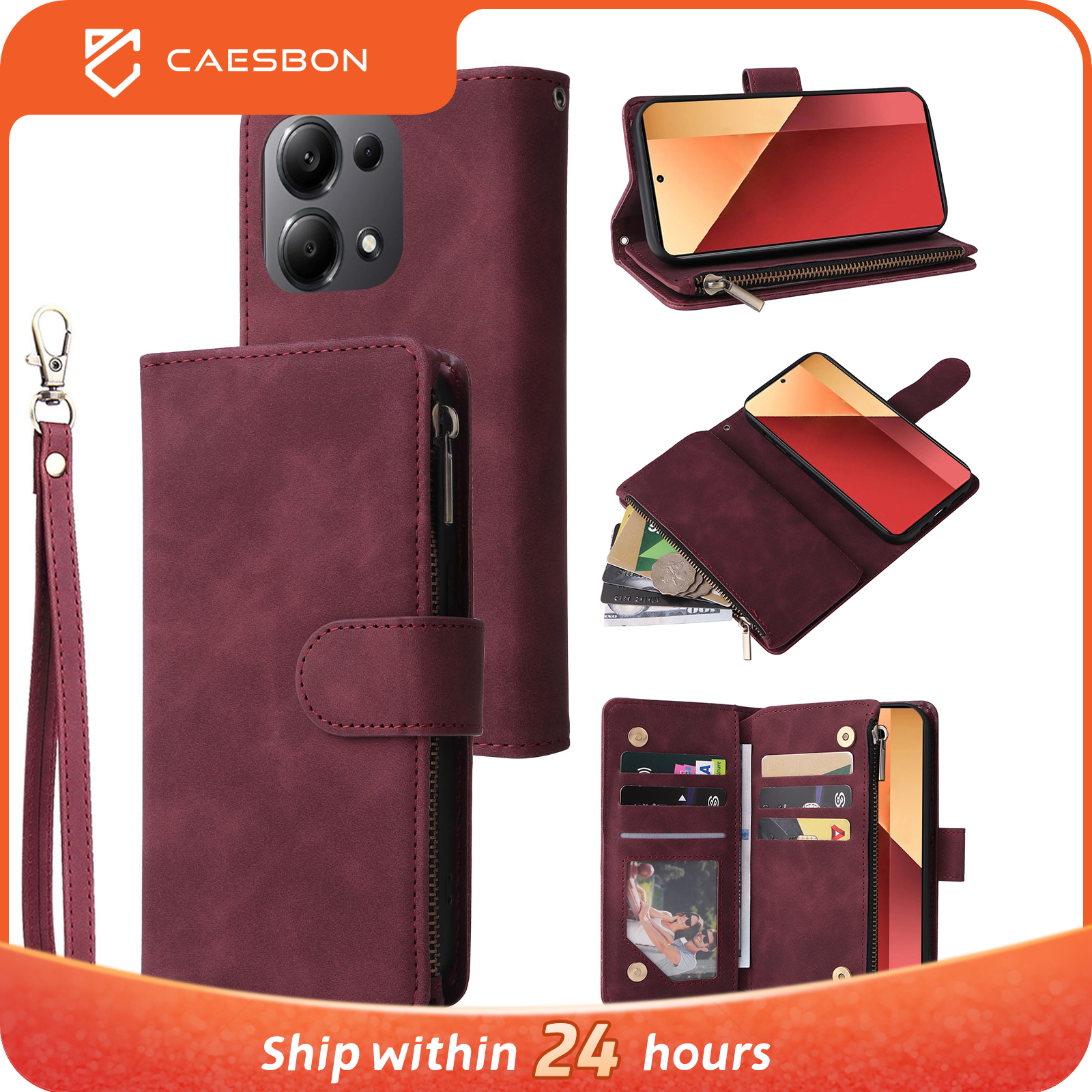 CAESBON For Note 12 11 Wallet With Card Slot Magnetic Flip Leather Case For Redmi Note 13 Pro Plus 12S 11 10 8T 13C 12 10C Cover