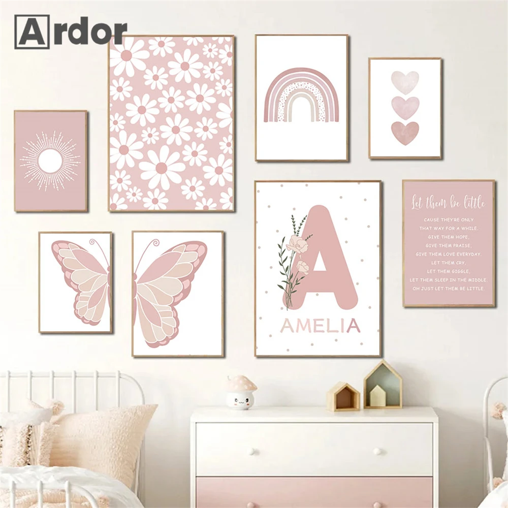 

Pink Heart Rainbow Canvas Poster Painting Daisy Butterfly Art Prints Custom Name Posters Nursery Wall Pictures Girls Room Decor
