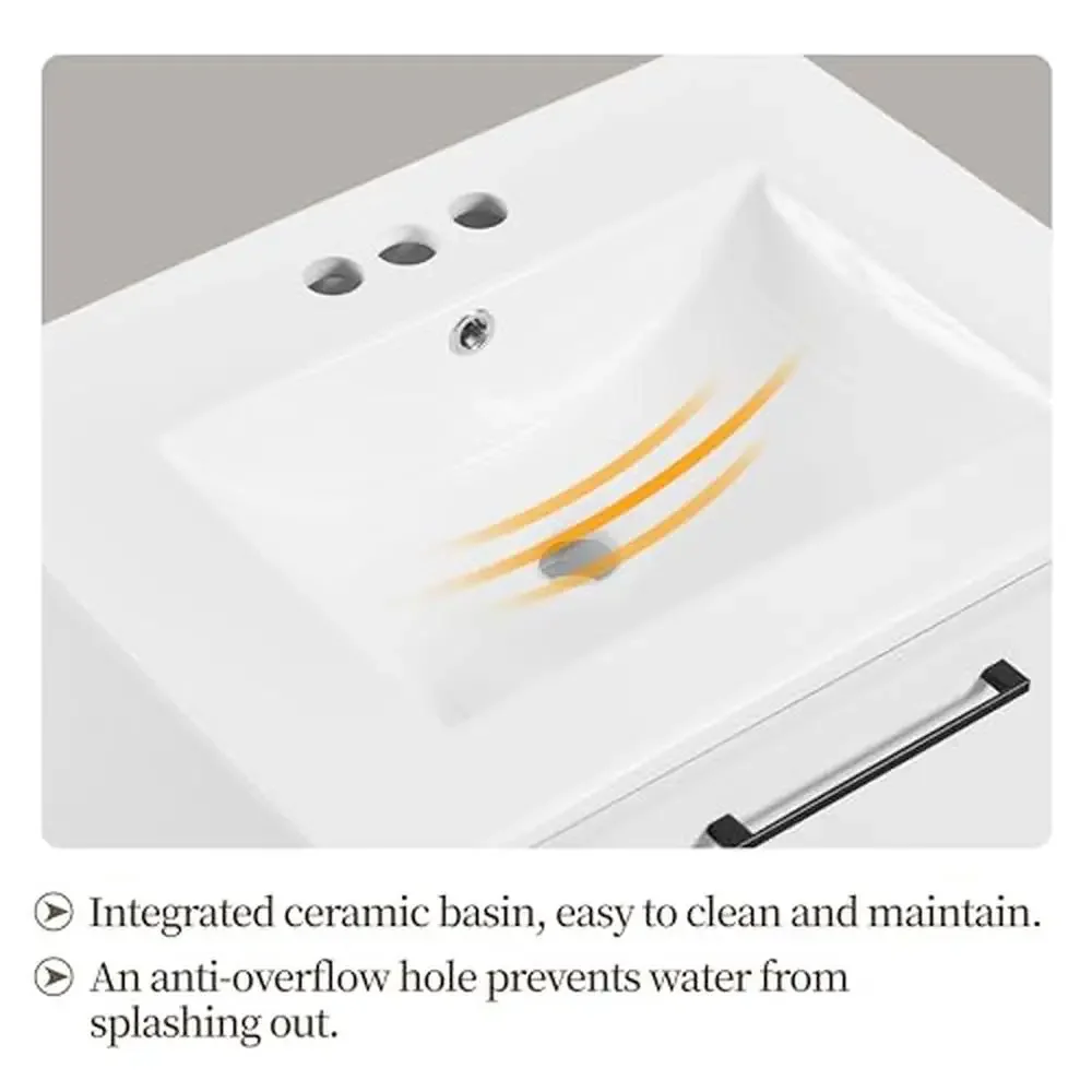 Modern Wall-Mounted Bathroom Vanity with Ceramic Sink and Storage Shelf White Finish