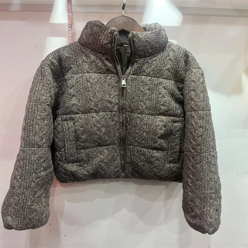 Women's Knitted Puffer Jacket, High Neck Zip-Up Short Coat, Warm Winter Outerwear with Multiple Colors