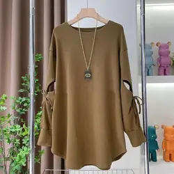 Stylish Solid Color All-match Bandage Hollow Out Blouse Women's Clothing 2022 Autumn New Oversized Casual Pullovers Korean Shirt