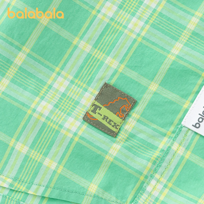 Balabala 아동용 반팔 셔츠, 남아용 의류, 베이비 탑, 2024 여름 신상 유행, 오픈 프론트 디자인, 세련된 격자 무늬 패턴