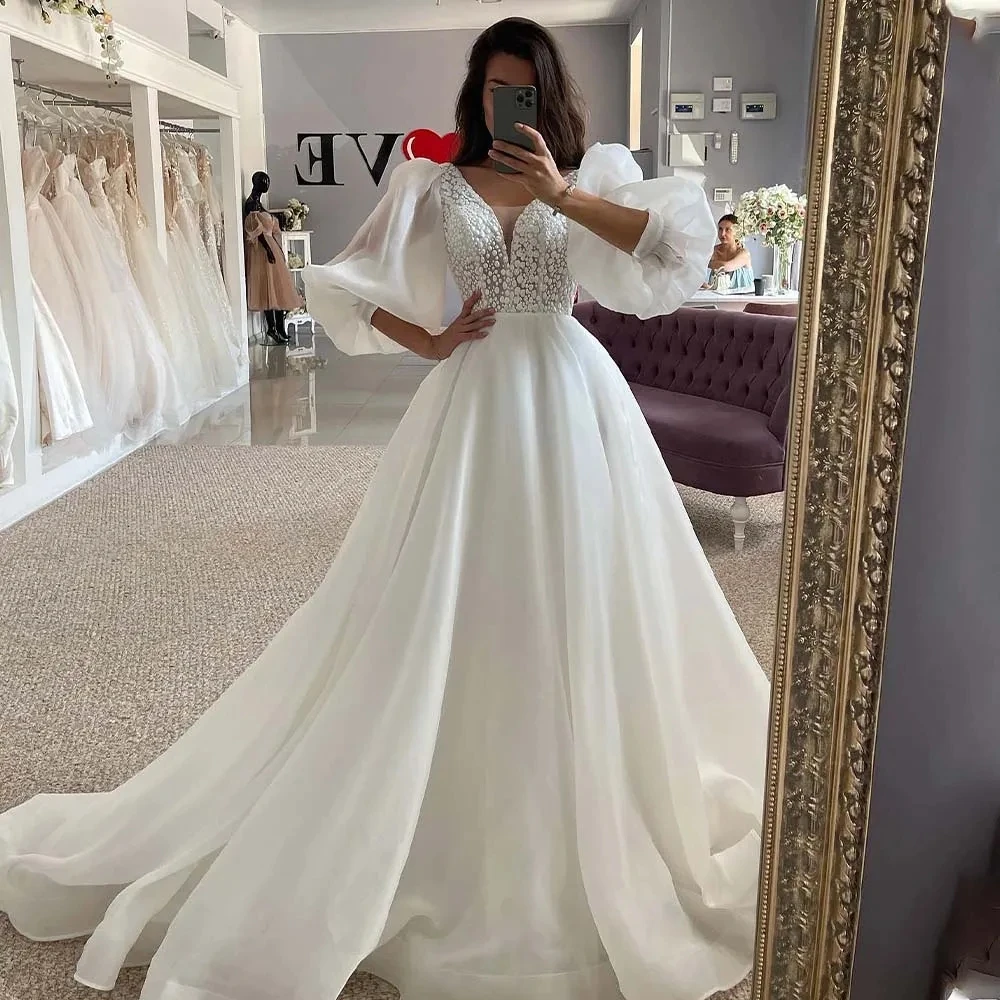 

Элегантные Красивые свадебные платья для женщин с глубоким V-образным вырезом кружевные аппликации пушистые рукава сексуальные платья с открытой спиной для невесты на заказ