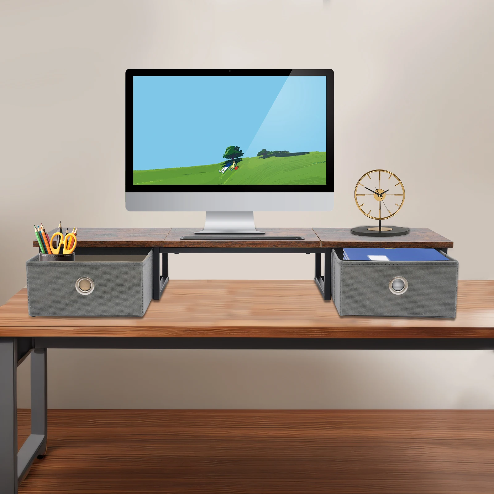 Ergonomischer Monitorständer aus Holz mit 2 Schubladen, Desktop-Organizer für das Heimbüro, bietet Platz für bis zu 100 Pfund – Detail 5