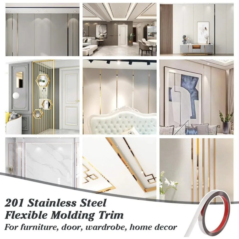16.4 Feet Self-Adhesive Metal Trim 0.6 Inch Wide Wall Trim Molding 0.8mm Thick Stainless Steel Peel & Stick Flexible Stainless