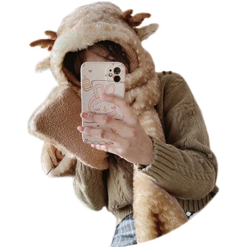 Lolita Kawaii Winter Warm Hooded Scarf Cute Cartoon Deer Ears Fur Hats Plush Ear Protection Hat Scarves