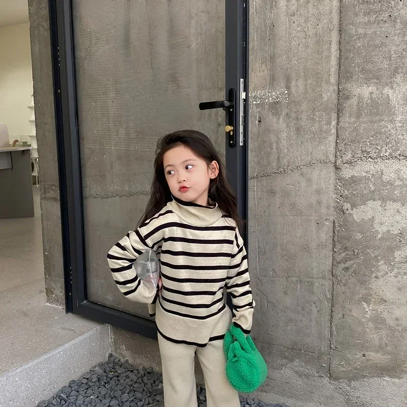 Kids Clothing Set Girls Clothing Set Girls Casual Simple Suit New High-necked Hoodie Autumn and Winter Children's Wear Korean Version Striped Wide Leg Pants