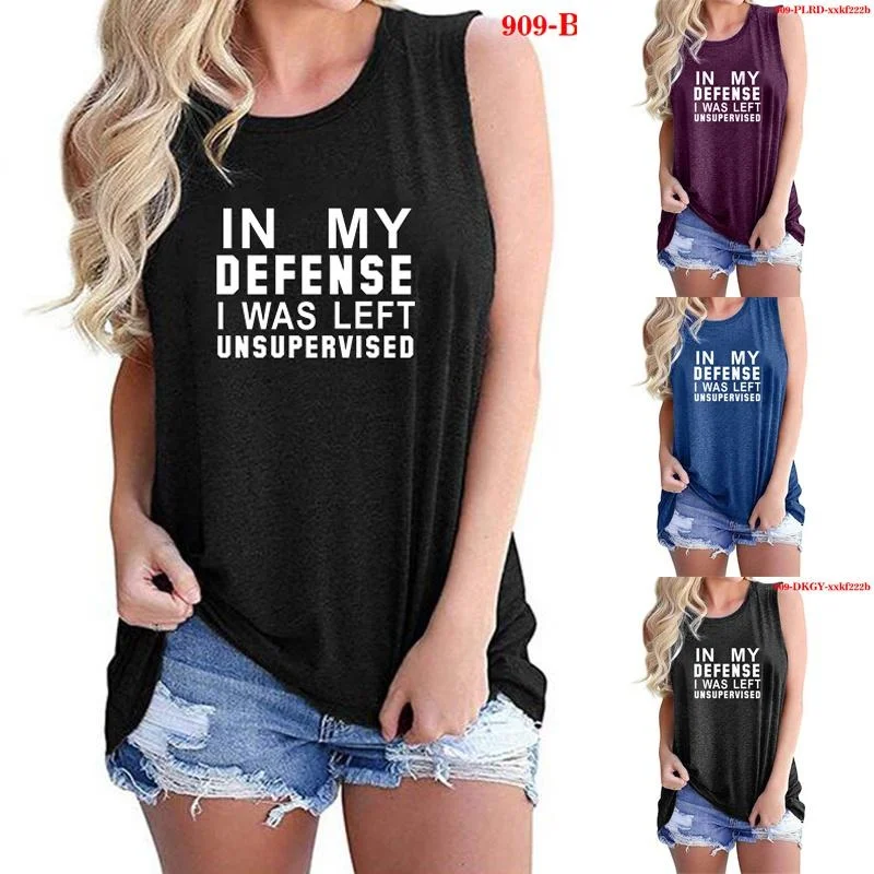 

New Women Fashion IN MY DEFENSE I WAS LEFT UNSUPERVISED Letter Print Vest Casual Sleeveless Shirt Summer Cool Vest Yoga Tank Top