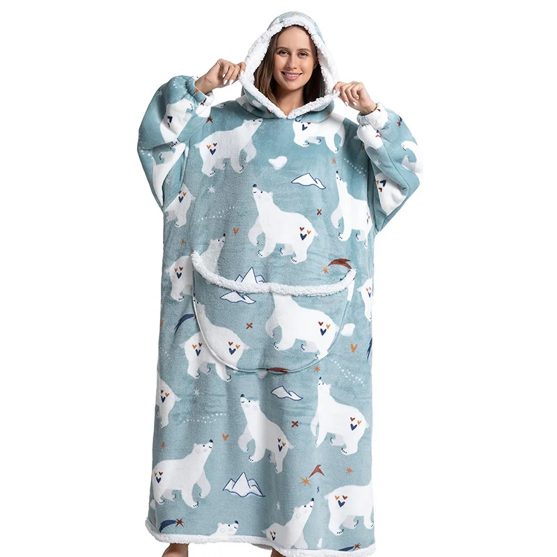 

Women Long Nightgown Hoodie Sweatshirt Winter Fleece Giant Wearable Blanket With Sleeves Flannel Blue Bear Print Pullover