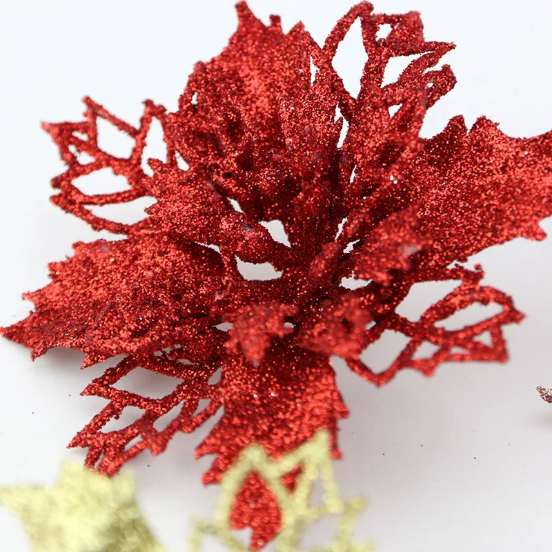 (10pcs/pack) 8cm Artificial Christmas Tree Flower Glitter Decorations Xmas Ornaments New Year Gift DIY
