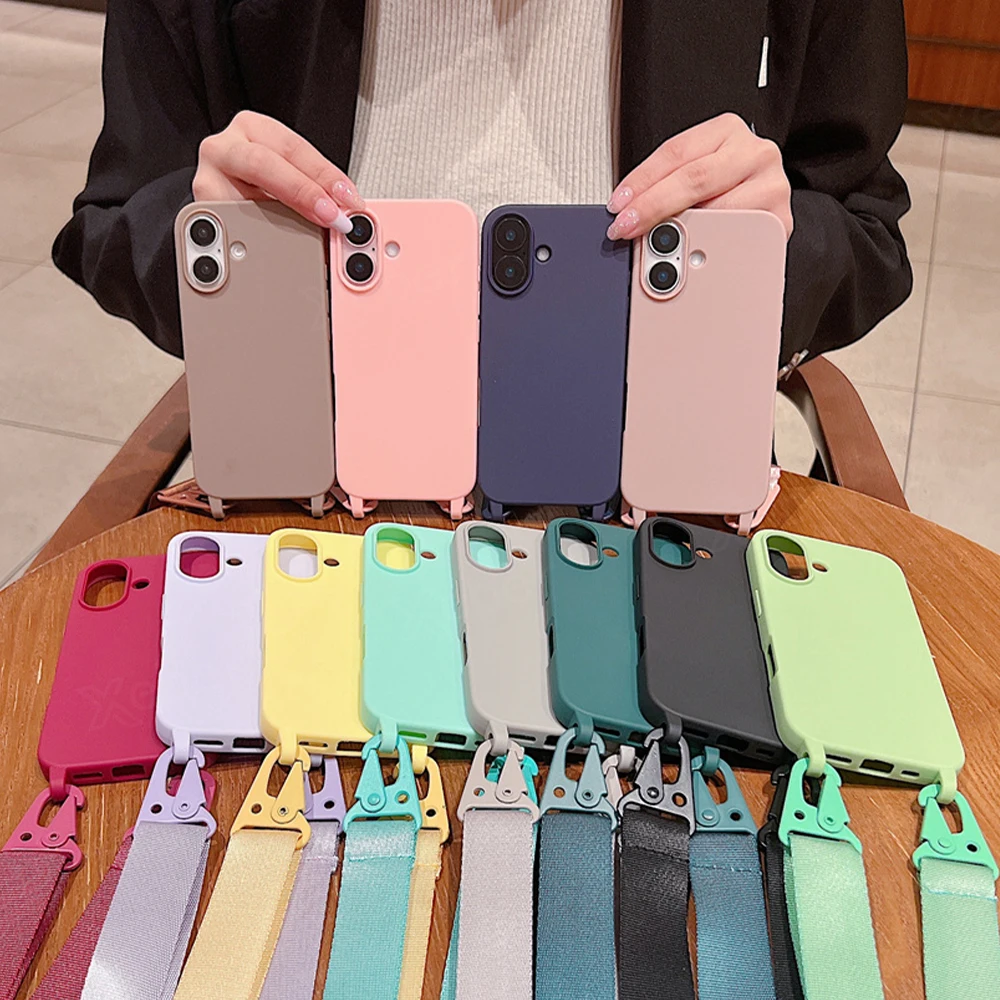 Étui de téléphone en silicone mat avec lanière large et collier bandoulière pour iPhone 16 15 14 Pro Max 13 12 11 XR XS MAX Housse mate antichoc_voghion.com