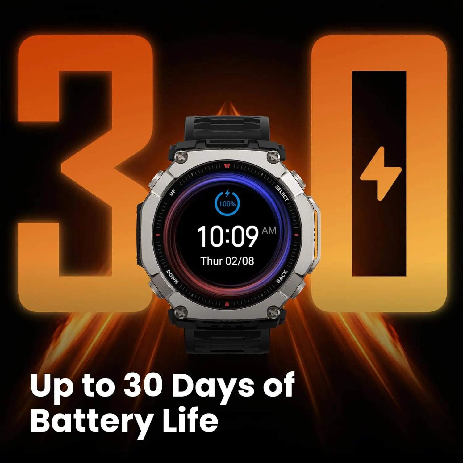 Amazfit T-Rex Ultra 2 Smartwatch para atividades ao ar livre, Corpo em titânio de 51 mm, Tela AMOLED de safira de 1,5'', GPS de banda dupla, Lanterna, 30 dias de bateria, Mapas offline, 10 ATM, 180+ modos esportivos