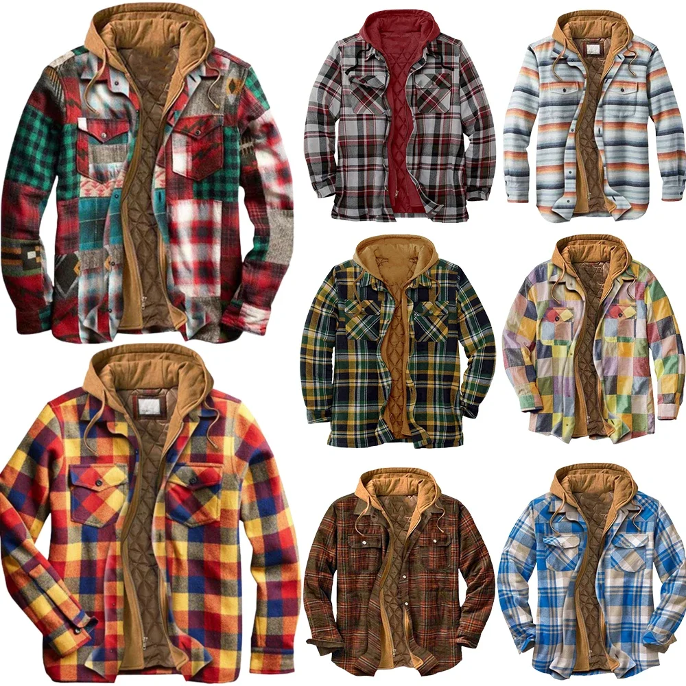 Fashion Autumn Winter Warm Men's Clothing European American Fleece Thick Keep Warm Outerwear Plaid Quilted Lined Hooded Jackets