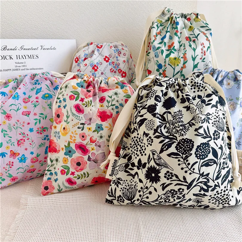 Floral Print Travel Drawstring Bag - Portable Cotton Organizer for Underwear, Socks, and Makeup