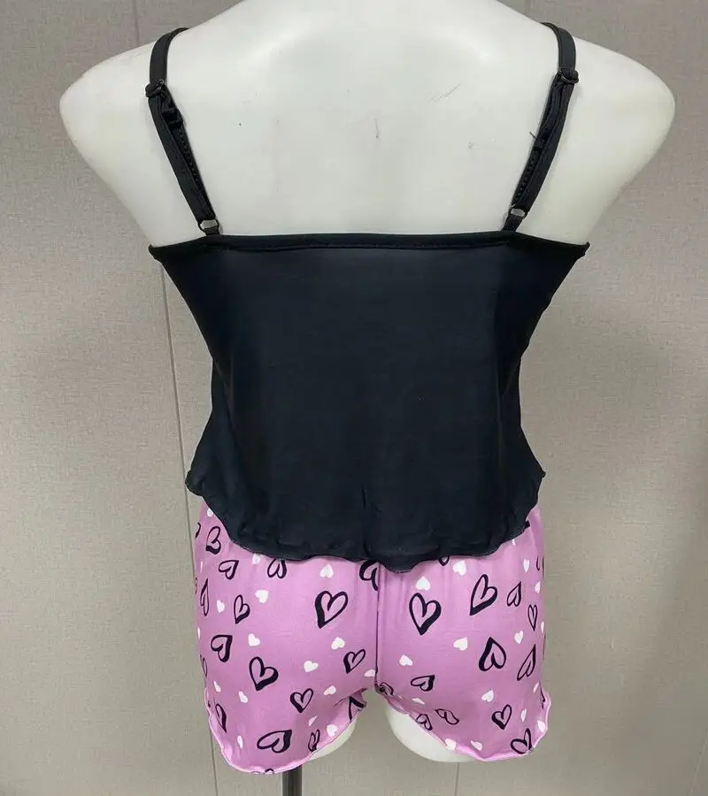 Women's Milk Silk Pajamas Set Summer Sleeveless Heart Print Shorts Sleepwear Sexy Comfortable Loungewear Two Piece