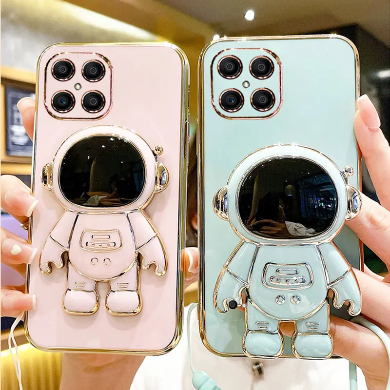 

Plating Astronaut Floding Holder Case For Honor X8 Cover 2022 With Rope HonorX8 Phone Cases Honor X8 X9 X 8 Shockproof Cover