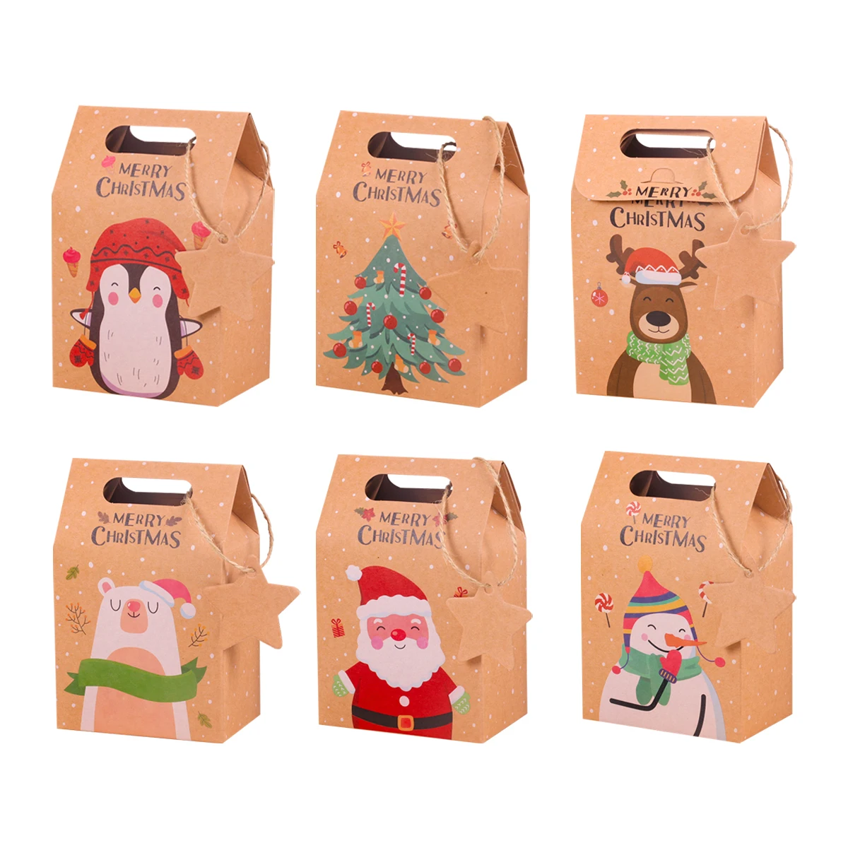 

6pcs Merry Christmas Candy Gift Box Kraft Paper Xmas party Cookies Gift Pack Box with Tag Home decoration New Year Noel Natale