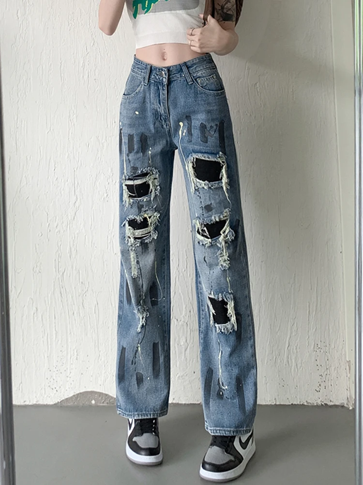 Holes Jeans Women High Waist Straight Trousers 2022 New Streetwear Loose Casual Denim Pants Female Pocket Ankle Length Jeans new irregular flip waist printed holes jeans vintage ripped ankle length harem blue loose casual denim pants y2k trousers female