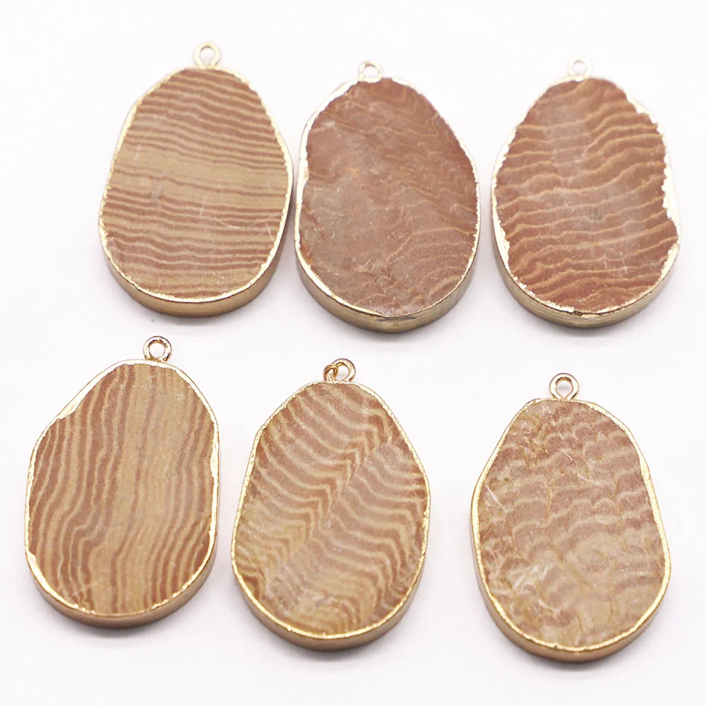 

8pcs New Natural Wood Grain Stone Oval necklaces for women Pendants Section Mineral Healing Gold Edge Charms Jewelry Accessories