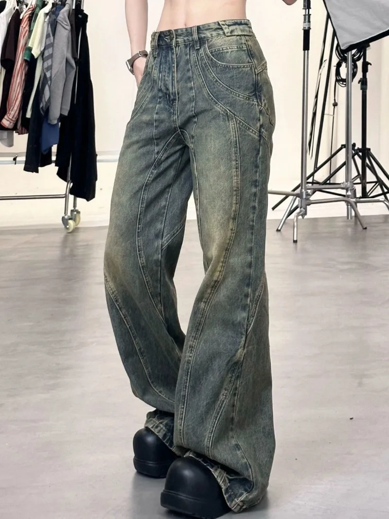 

Washed and Aged High Waisted Jeans Woman High Street Vintage Slightly Flared Cargo Pants Women Jeans Wide Leg Baggy Jeans Women