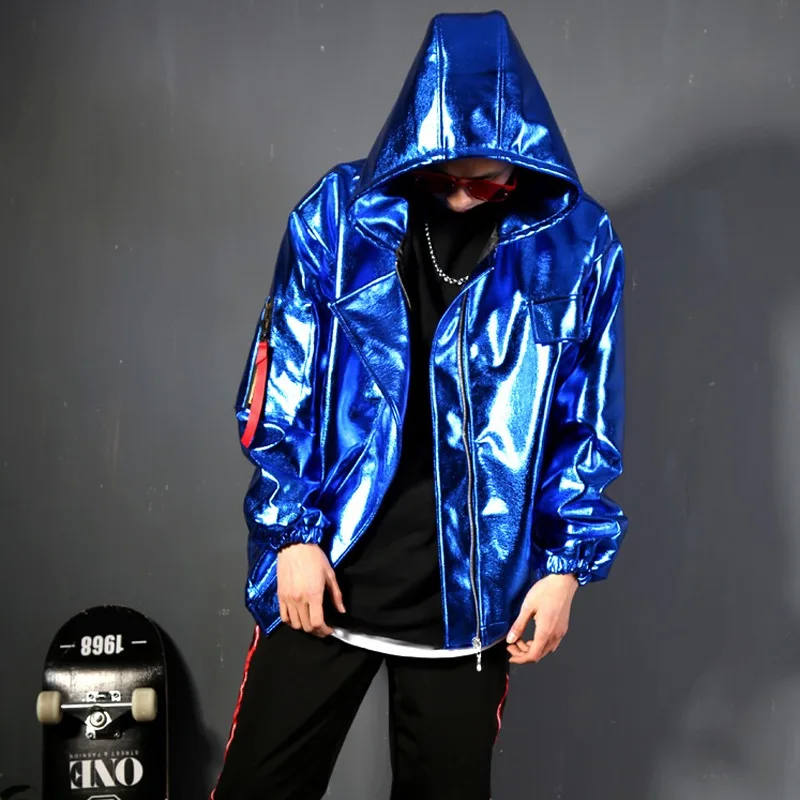 

New Personality jackets mens short coats sapphire blue pu star hooded broad shoulder baseball nightclub Bar hairdresser clothing