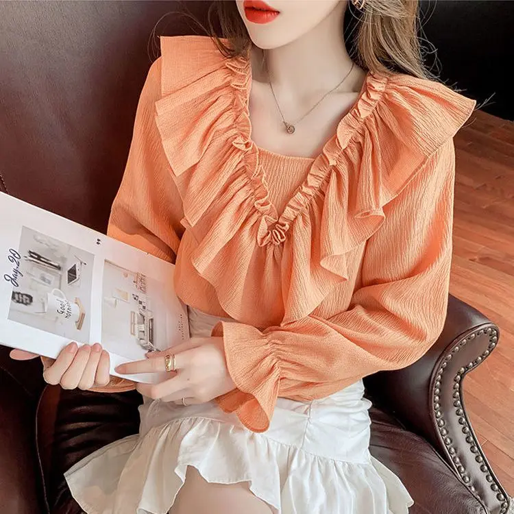 

Women 2024 Spring Autumn New French V-neck Solid Blouse Tops Female Ruffled Chiffon Shirts Ladies Long Sleeve Loose Shirt E770