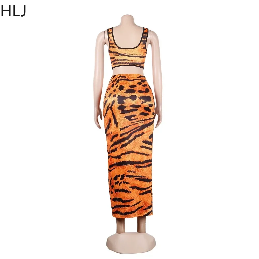HLJ Sexy Leopard Printing Skinny Skirts Two Piece Sets Women Strap Sleeveless Crop Top And Skirts Outfits Female 2pcs Clothing