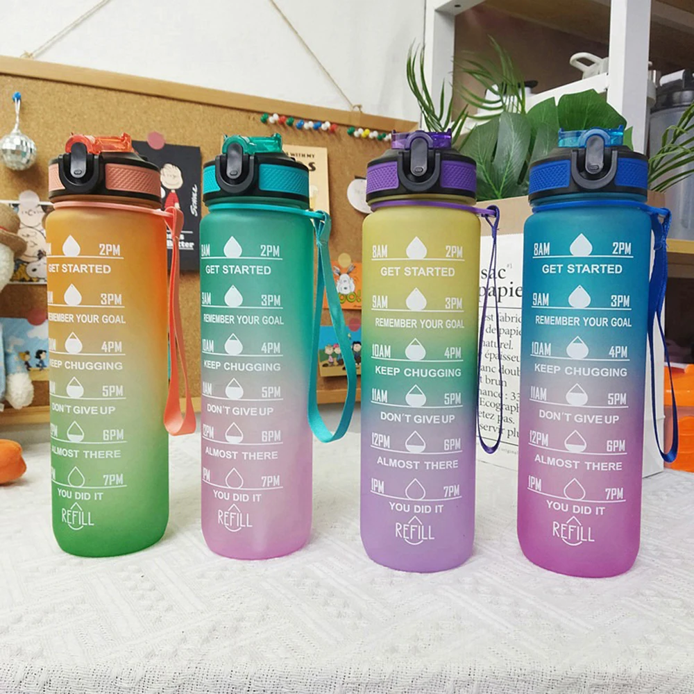 

1L Water Bottle Gradient Color Motivational Sports Water Bottle with Time Marker Leak-proof Cup for Office, Gym, Outdoor