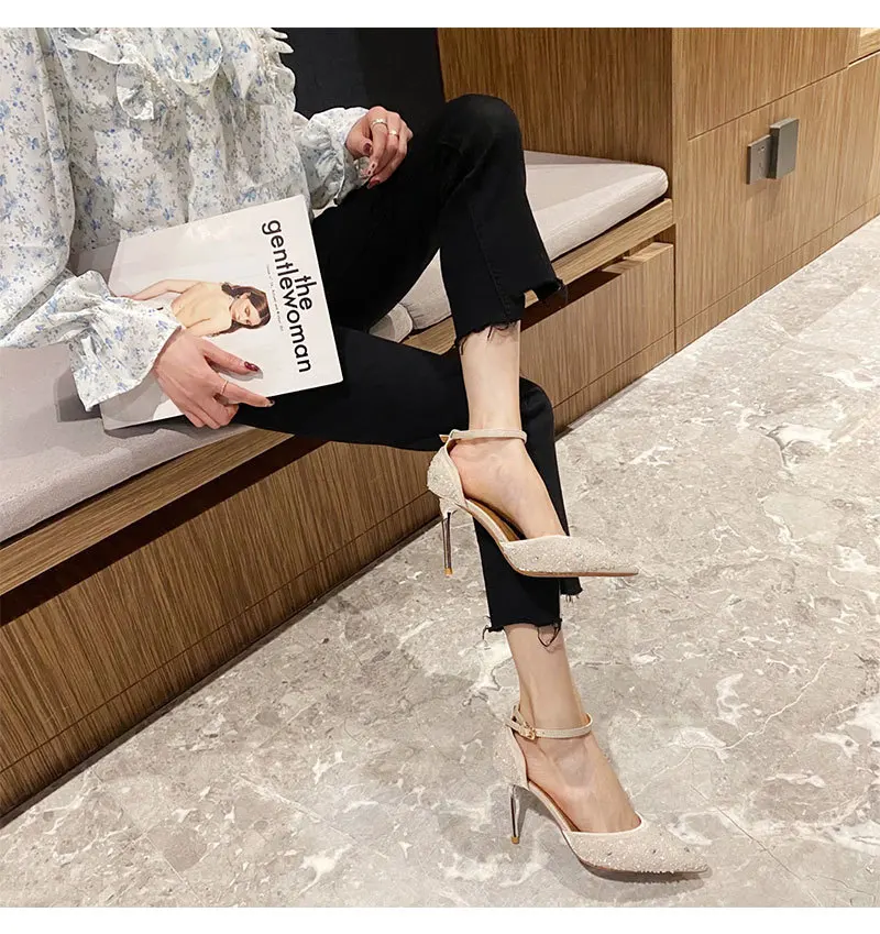 Fashion Summer Pumps for Women Shoes Sequined Cloth 8CM Thin High Heels Pointed Toe Slip-On Shallow Solid Shoes Woman Party