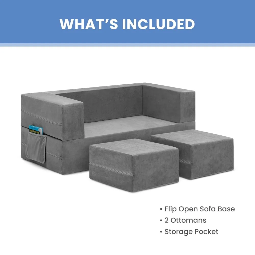 Convertible Sofa and Play Set for Kids and Toddlers Modular Foam Couch and Flip Out Lounger with 2 Ottomans 6