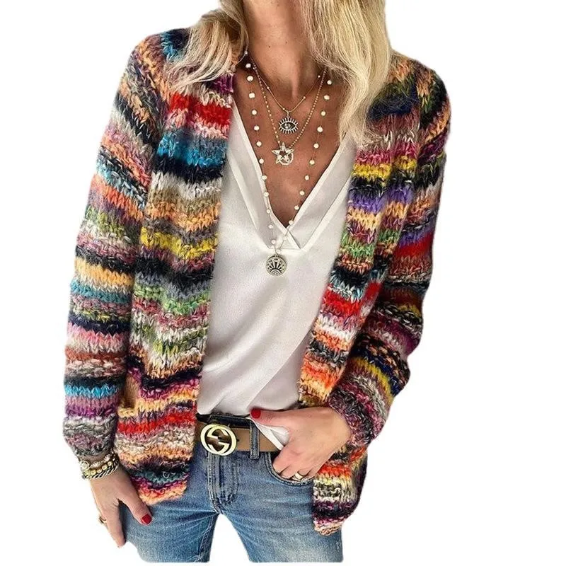 

Women Elegant Multicolor Print Knitted Cardigans Sweater y2k Autumn Winter Long Sleeve Coat Tops Ladies Casual Pocket Sweaters