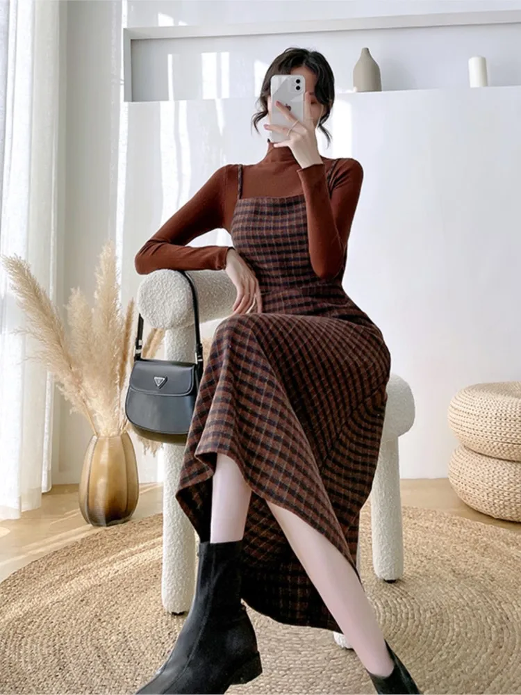 

Autumn Winter New Vintage Women Suit Plaid Sling Dress Long-Sleeved Pullover Knitted Top Two-Piece Korean Midi Vestidos Set