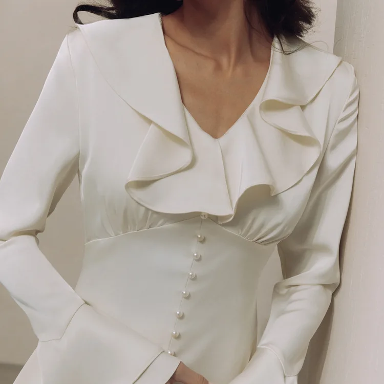 Ruffled Elegant For Women Long Dress Fashion V-Neck Patchwork Long Sleeve Slim Party Dress Gown White Spring Maxi Dress