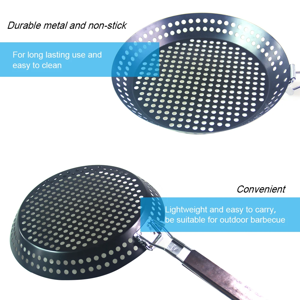 Grilling Skillet Non-stick Metal Folding Wooden Handle with Holes Removable Handle for Outdoor Grill Topper Barbecue Pan