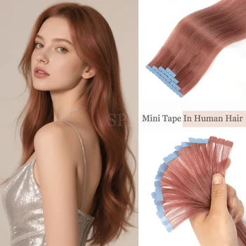 Muted Pink Mini Tape In Virgin Human Hair Extensions 14-24 inches Micro Tape Hair  Seamless Adhesive Hair Pieces For Cosplay