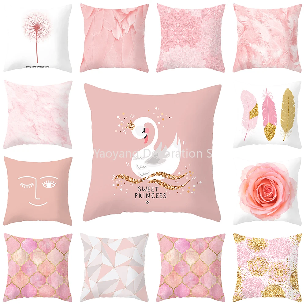 

Luxury Pink Feather Print Pillowcase Geometric Marble Pillowcase Cushion Cover Pillow
