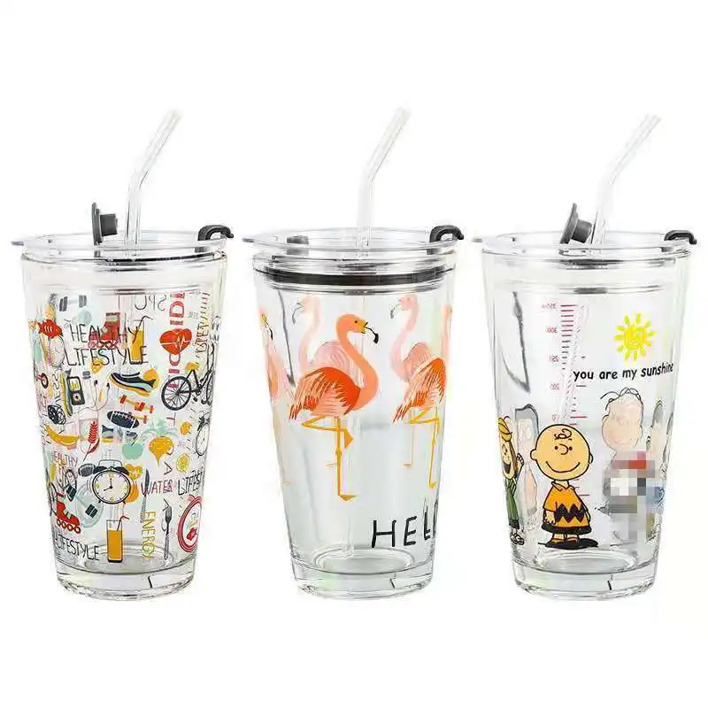 450ml Glass Cup With Straw Female Scale Breakfast Milk Beverage Cup Adult Drinking Glass Wine With Cover Large Capacity