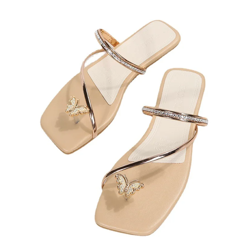 Сандалии женские с квадратным носком, модные шлепанцы с бабочкой, плоская подошва, летняя обувь