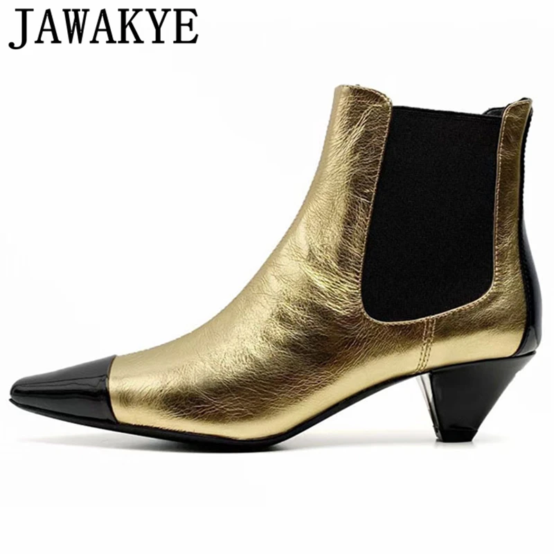 

2023 Autumn Pointed Toe High Heels Ankle Boots Women Patent Leather Patchwork Slip On Chelsea Booties Fashion Short Botas Mujer