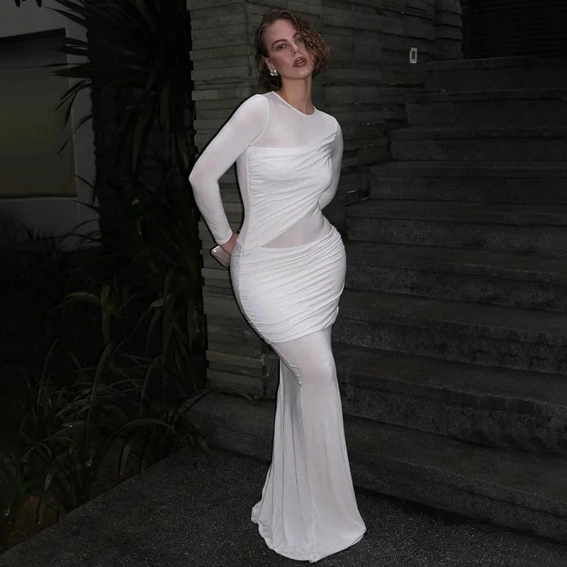 Round Neck Ruched Maxi Dress For Women Long Sleeve High Waist Slim Fall Party Clubwear
