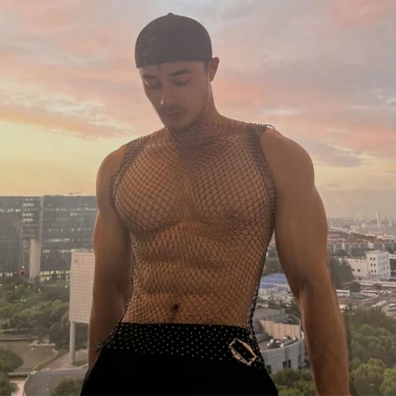 Schwarze, glänzende Hollow-Tops für Herren – Hip-Hop-T-Shirts, Sommer-T-Shirts, eng anliegende, elastische und atmungsaktive Streetwear 2025 – Detail 1