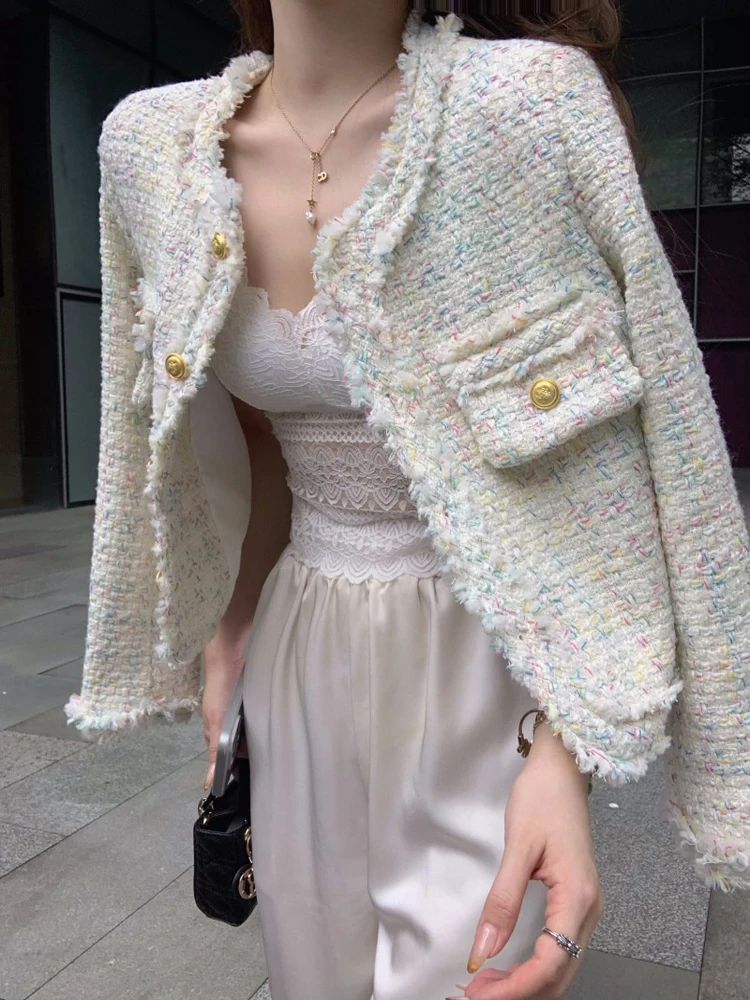 

Korean Plaid Tassel Tweed Jacket Coat For Women Fashion Autumn Elegant O-Neck Office Lady Single Breasted Woolen Outerwear
