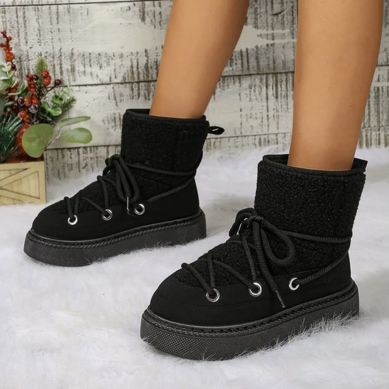 Women's Thick-soled Cross-strap Snow Boots Women Winter Round Toe Flock Plush Warm Mid Heel Water Proof Casual Warm Snow Boots