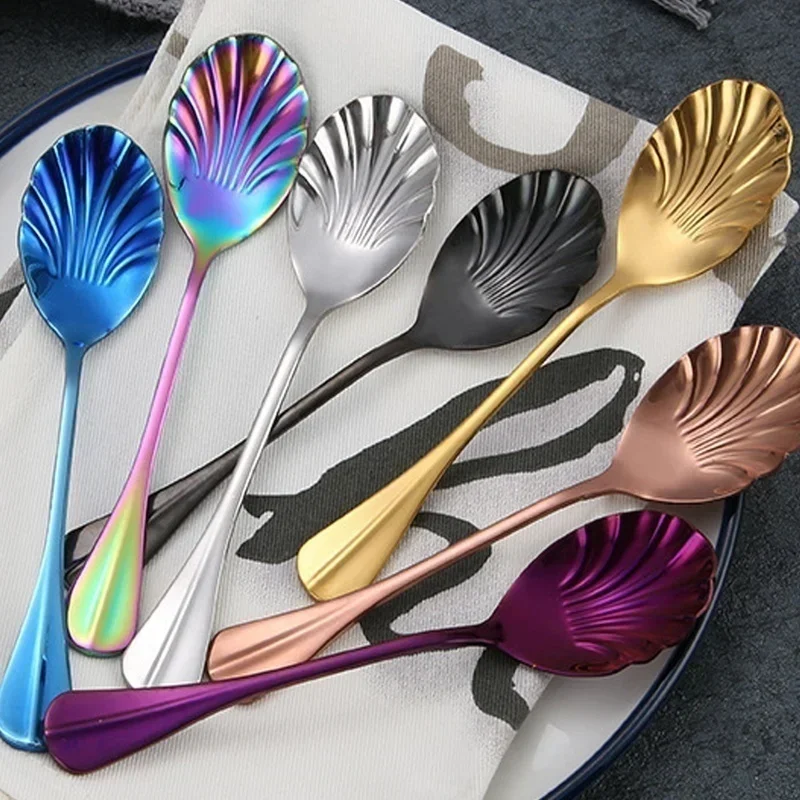 Stainless Steel Spoon Shell Shape Coffee Teaspoons Ice Cream Scoops