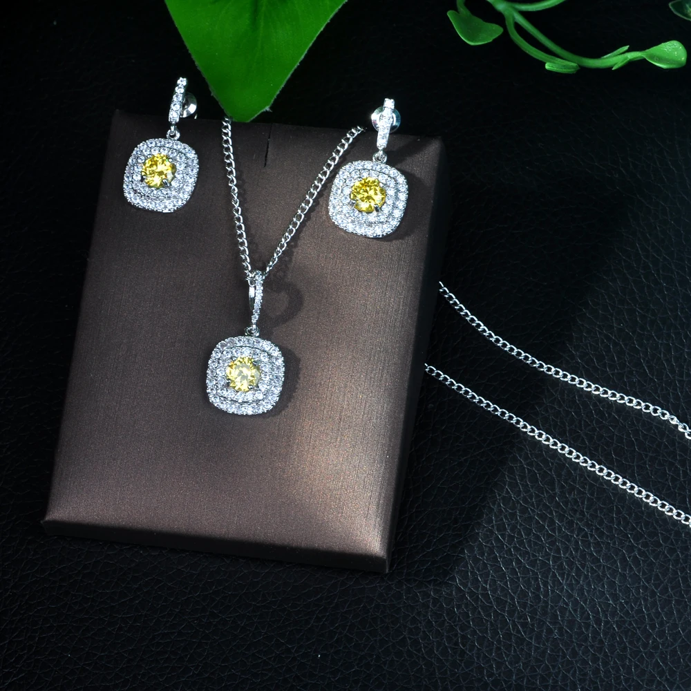 

Luxury Women Square Cubic Zirconia Nigerian Wedding Bridal 2PCS Necklace Earring Set Dubai Jewelry Set Jewellery Addiction N-272