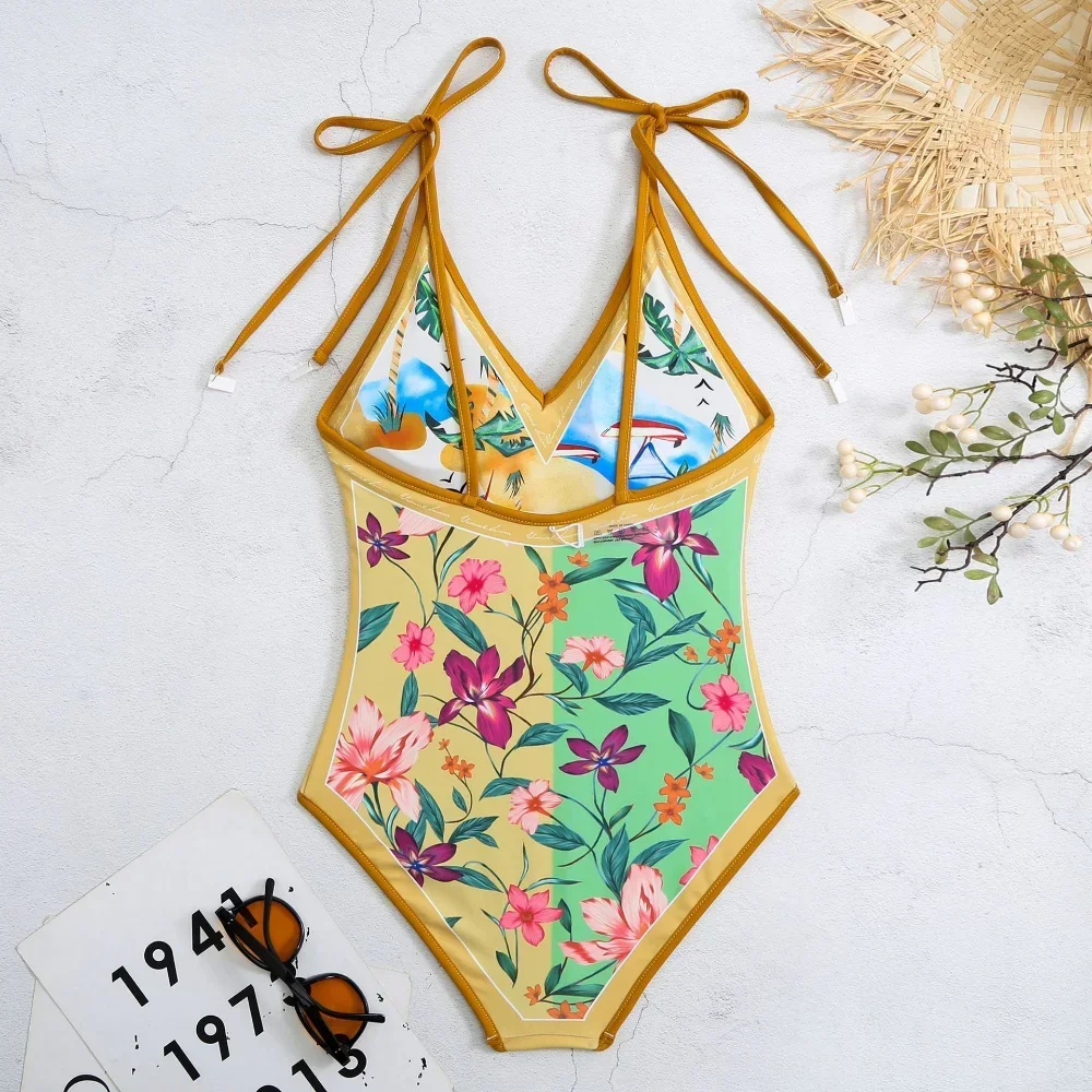 Vintage Printed Double-sided Wear Swimming Bathing Suit Women Bandage Sexy One Piece Swimsuit Beachwear Swimwear, swimsuit one piece