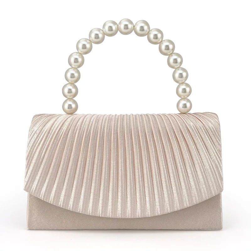 Elegant satin tote bag with pearl handle and ruffled edge design suitable for formal dinners and birthday parties