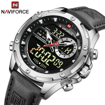 새로운 NAVIFORCE 군사 스포츠 남성 시계 골드 듀얼 디스플레이 방수 손목 시계 정품 가죽 남성 ClockRelogio Masculino