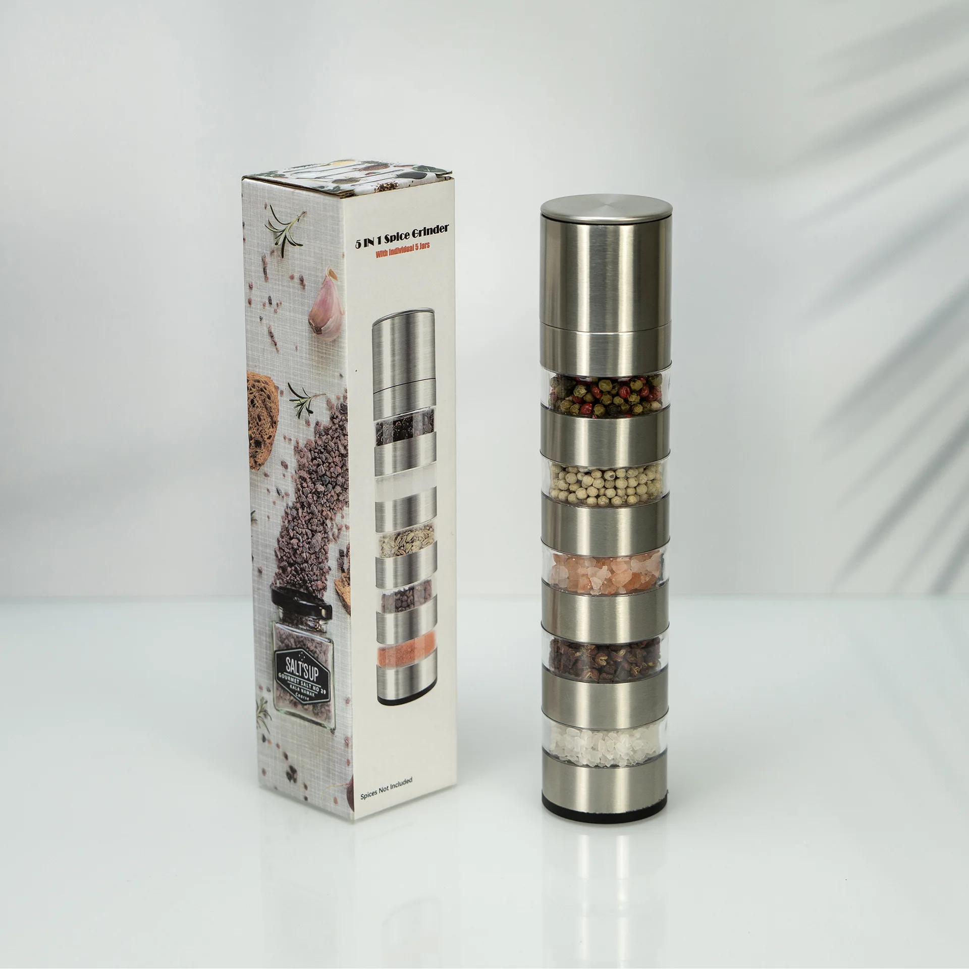 1pc 5in1 Pepper Grinder Salt And Pepper Ginder Stainless Steel Spice Grinder Multi-layer Manual Mill Spice Crusher